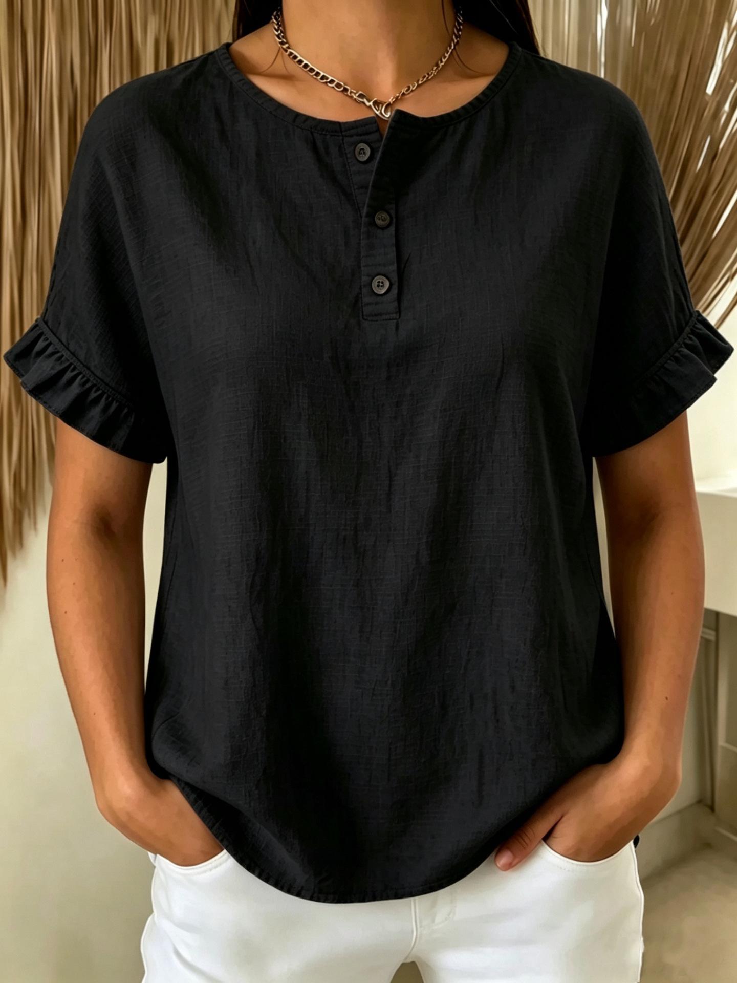 

Women s Short Sleeve Round Neck Button Detail Blouse with Ruffle Sleeves Multi Colors L чёрный