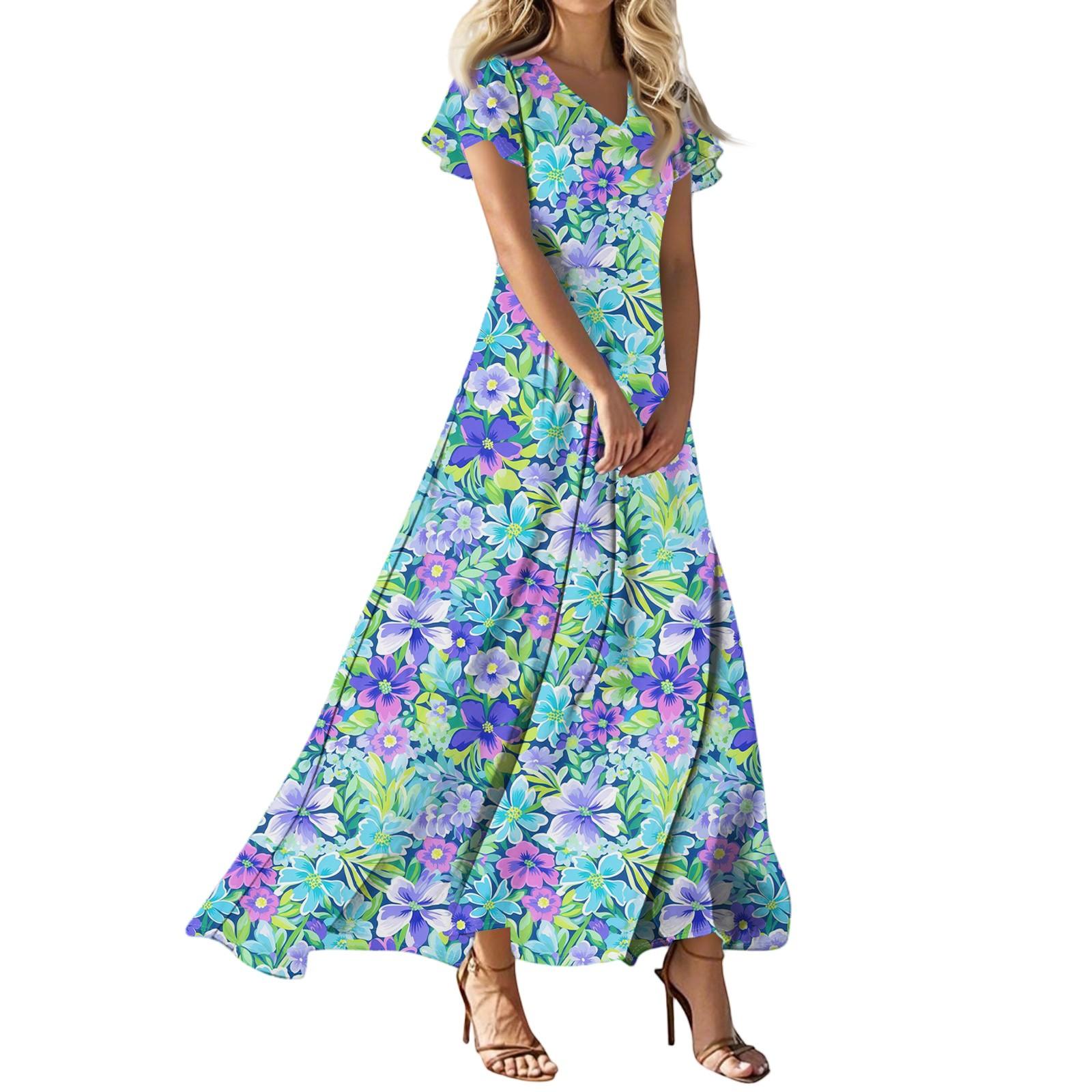 

Женское платье макси в стиле бохо, женское летнее платье с коротким рукавом, весеннее повседневное платье А-силуэта с V-образным вырезом, летний пляжный сарафан для отдыха S синий