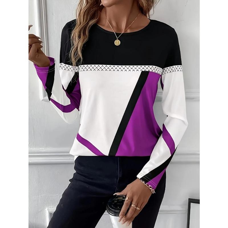 Modă de Primăvară și Toamnă Tricou Damă Tee Color Block Imprimeu 3D Hanorac Zilnic Casual cu Mânecă Lungă Tricou Gât Rotund Articole Sport