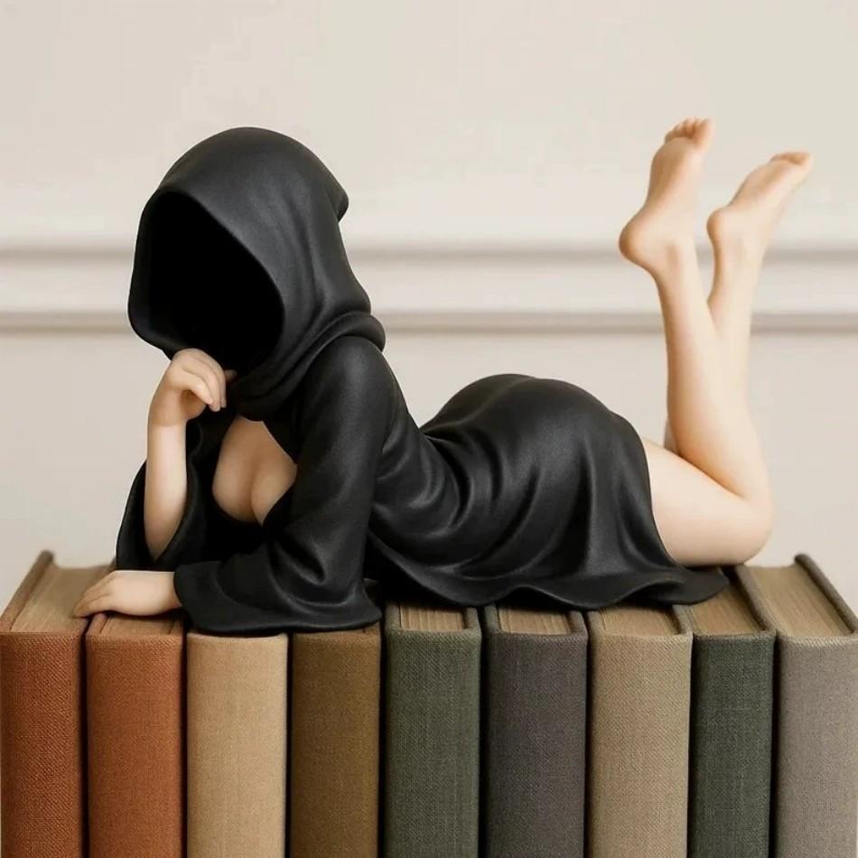 3pcs Halloween Girl Statue Women Sitting Figure Ornaments Mysterious Statue Gothic Death Black Robe Queen Bookshelf Sculpture