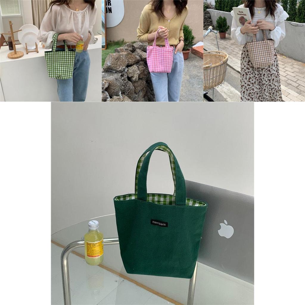 Versatile Double-sided Checkered Canvas Bag Stylish Handheld Tote For Students