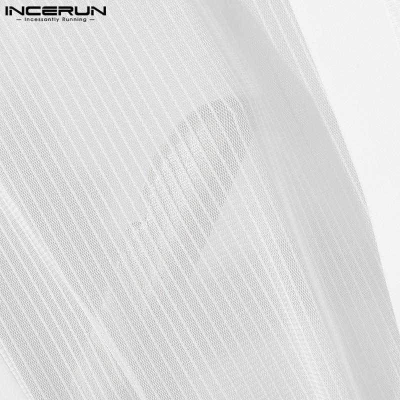 INCERUN Men Summer Short Sleeve Open Front Mesh Sheer See Through Tops T-shirts