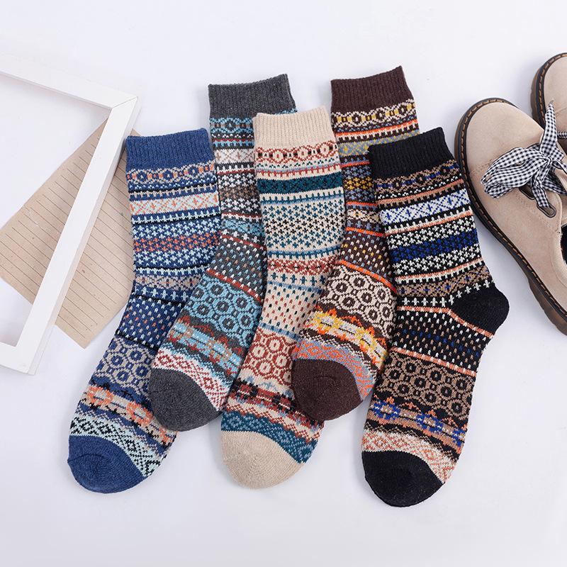 5 Pairs of Women's Autumn and Winter New Thickened Warm Ethnic Style Rabbit Wool Mid Calf Socks