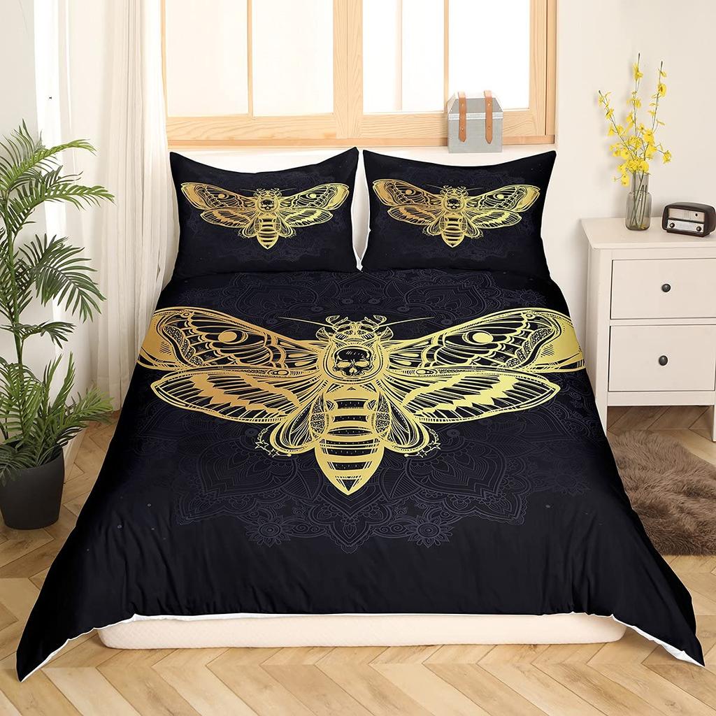 Gothic Skull Duvet Cover Set, Death Moth And Flowers Comforter Cover King Personalized Skeleton Bones Bedding Sets Black Cream