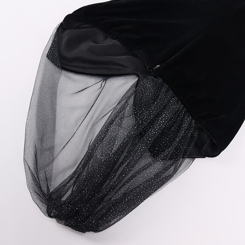 Single Shoulder Midi Dress Cut Out Mesh Velour Sexy Split Black Dress Woman Elegant Fashion Bodycon Party Wear