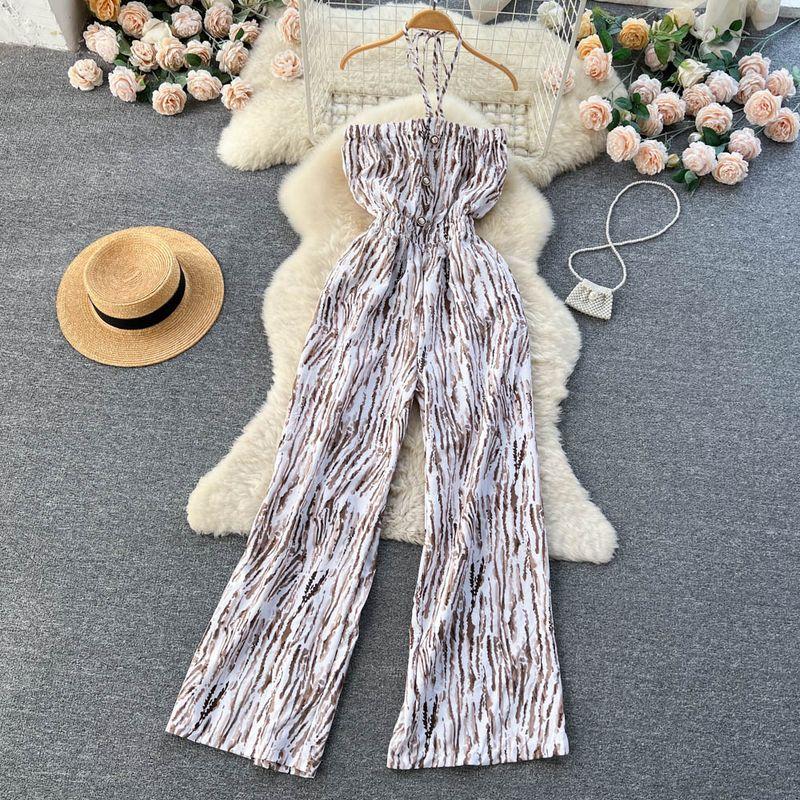 Spring and Summer New Holiday Travel Hot Street Tie-Dye Sling Fashion Chiffon Drape Halter Wide Leg One-Piece Long Pants