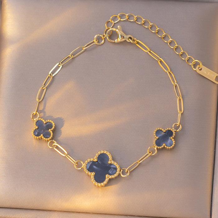 18K Light Luxury Titanium Steel Clover & Triple-Flower Bracelet with Mother-of-Pearl for Women