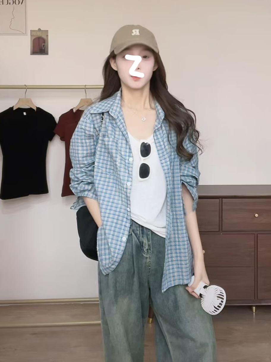 

Star Zhang Ruonan Sunscreen Shirt Women s Spring Temperament Lazy Large Size Blue Plaid Shirt Long Sleeves L синий