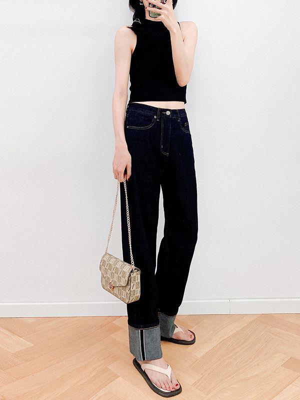 Okayama Selvedge Denim Jeans, Red Trim, Original Color, Dark Blue Cuffed Hem, Straight Leg, Slim Fit, Classic Retro Style.