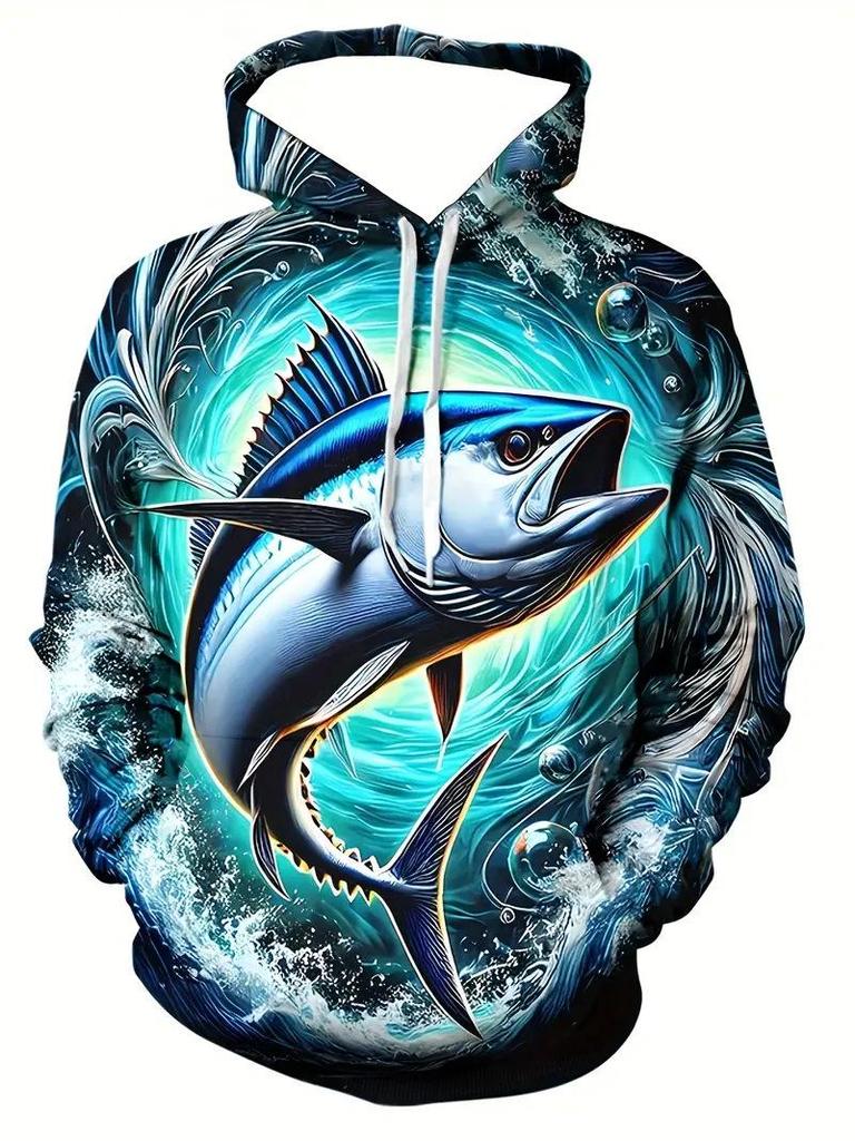 Men's Autumn Ocean Animals Fierce Fish Print Hoodie - New Arrival 2025