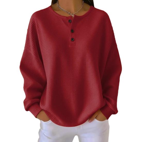 Damen Oberteile Rundhals Knöpfe Dekor Langarm Pullover Oberteile Einfarbig Waffelstrick Texturierte Bluse Alltagskleidung