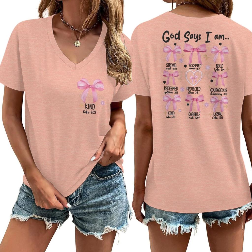 God Says I Am Christian Women Tshirt Coquette Bow Christian Faith Vneck Soft Tee Jesus Religious Faith Based TShirt