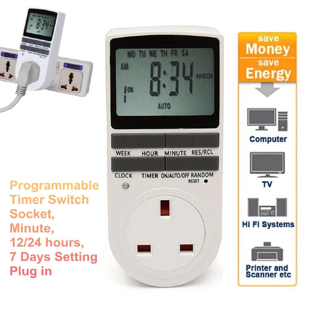 12/24 Hours White Digital LCD Display Plug-in Programmable Timer Switch Socket 7 Day ABS New