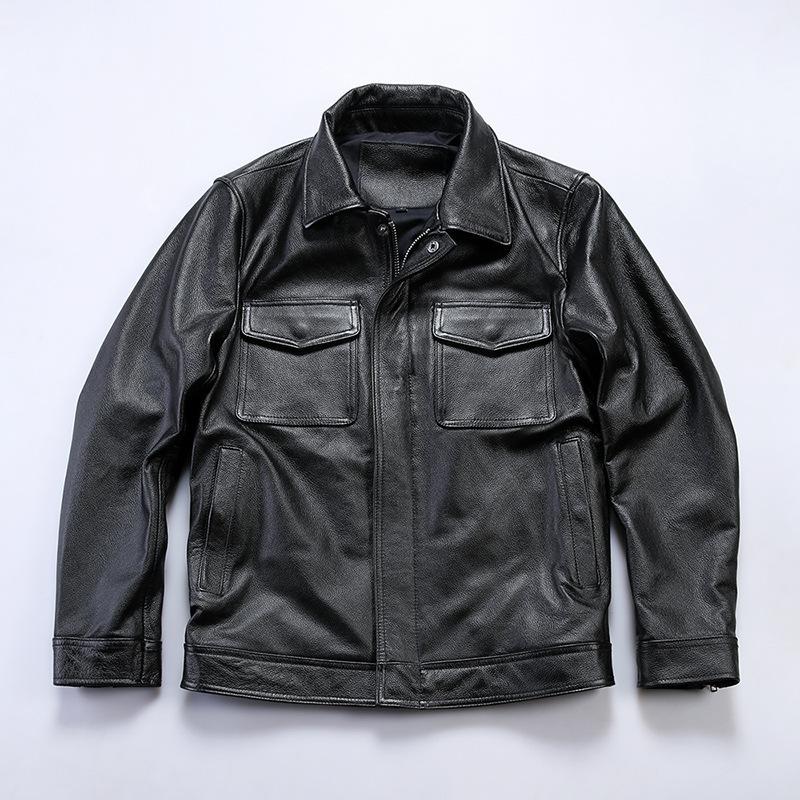 Cowhide print leather jacket for men, trendy and stylish, British style new vintage lapel casual biker leather jacket, windproof