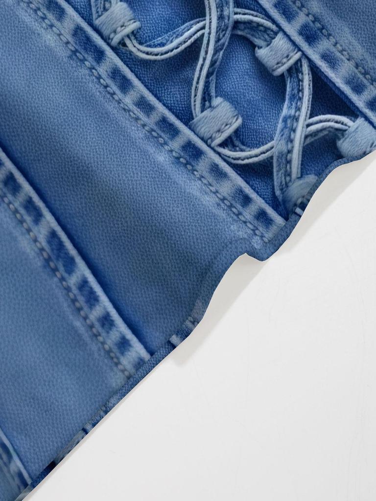 Přeshraniční ležérní modré šaty s dlouhým rukávem a potiskem imitujícím denim