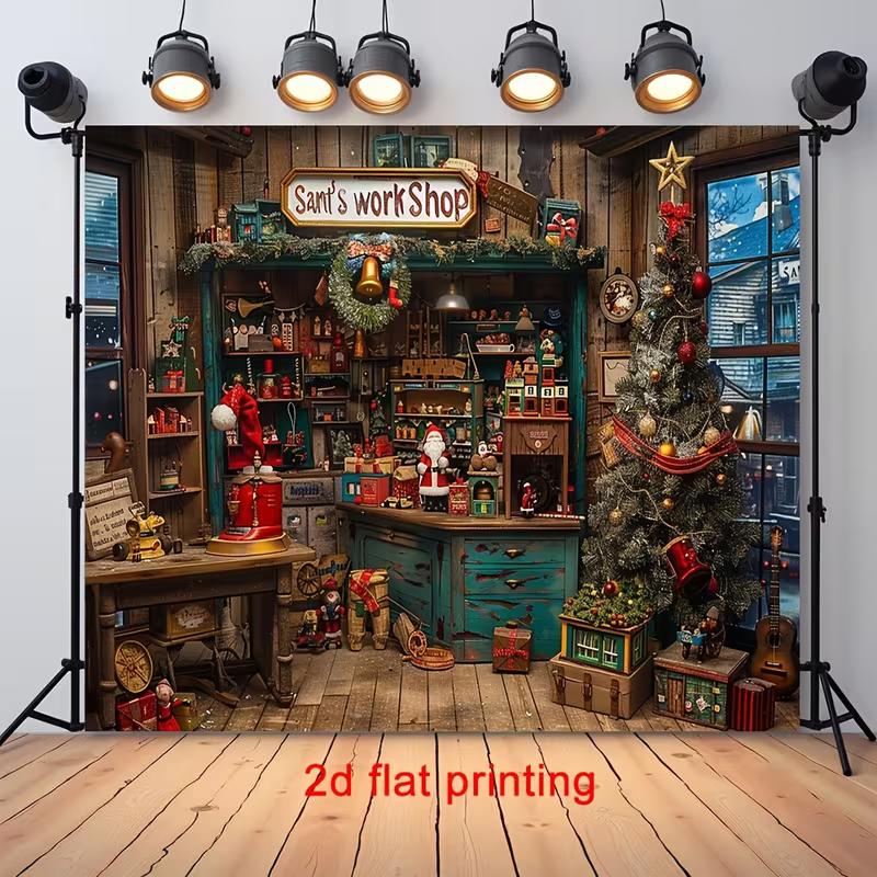 2D Kids Christmas Party Backdrop Cloth Santa's Workshop Themed Wall Hanging