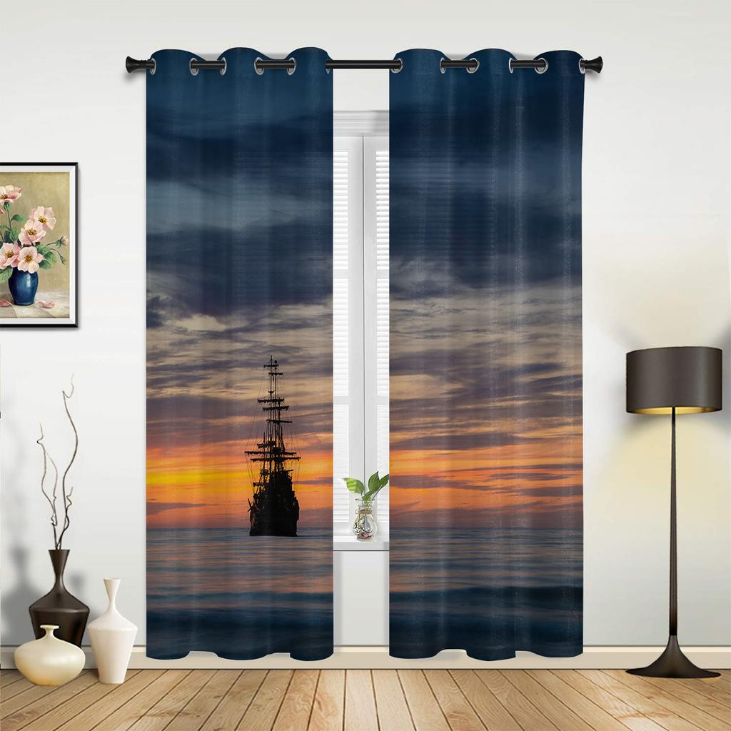 Sunset Sea Black Ship Window Curtain Modern European Style Curtains for Bedroom Living Room Backdrop Curtain
