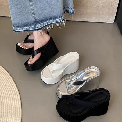 Design Summer Chunky Woman Slippers Fashion Platform Wedges High Heel Silvery Ladies Shoes Zapatillas De Mujer