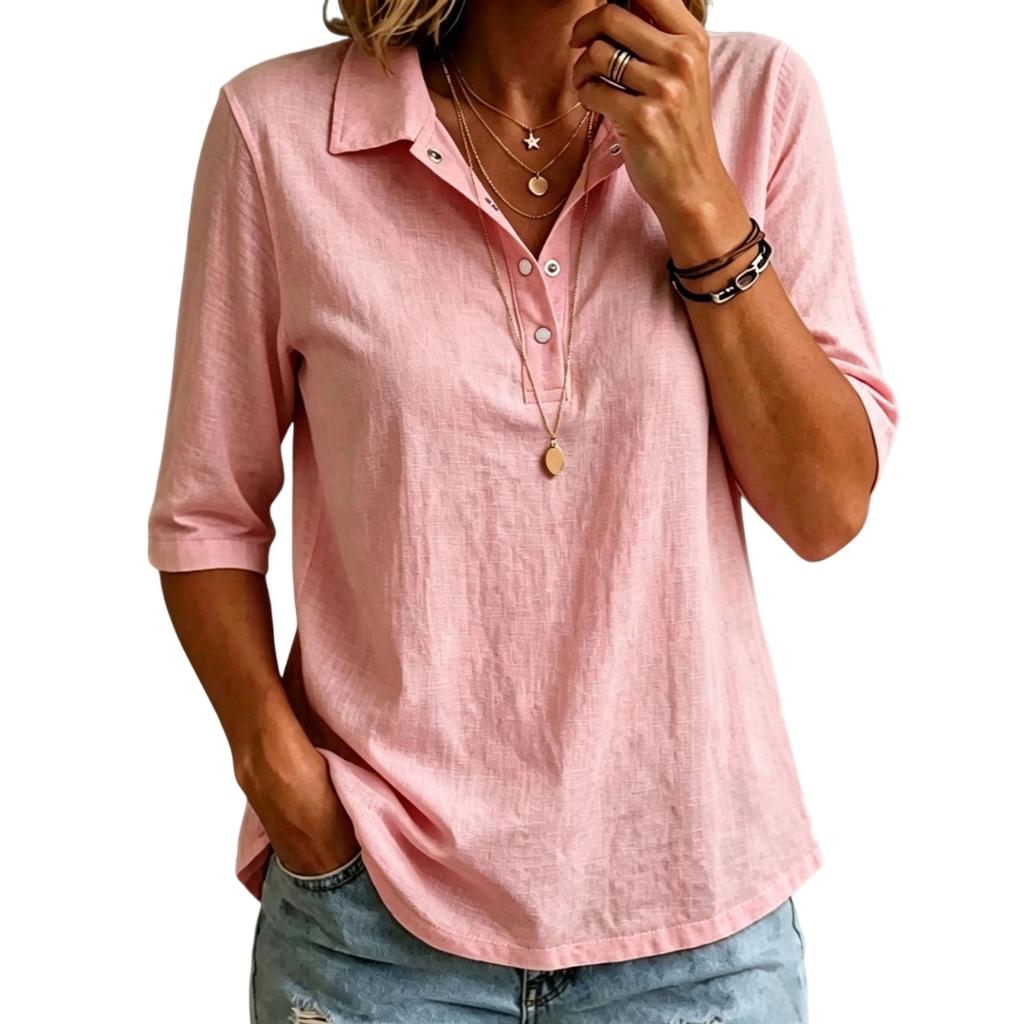 Women Casual Half Sleeve Shirt Lightweight Buttoned Polo Collar Top Relaxed Fit Tunic Blouse for Everyday Wear