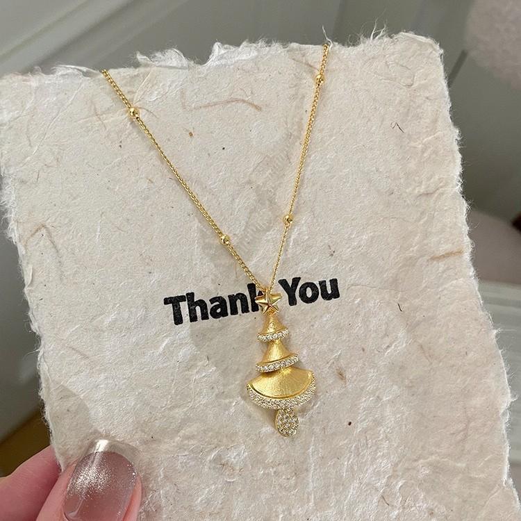 Exquisite Female Collarbone Chain  Sterling Silver Brushed Christmas Tree Star Pendant Necklace for Women  Xmax Gift