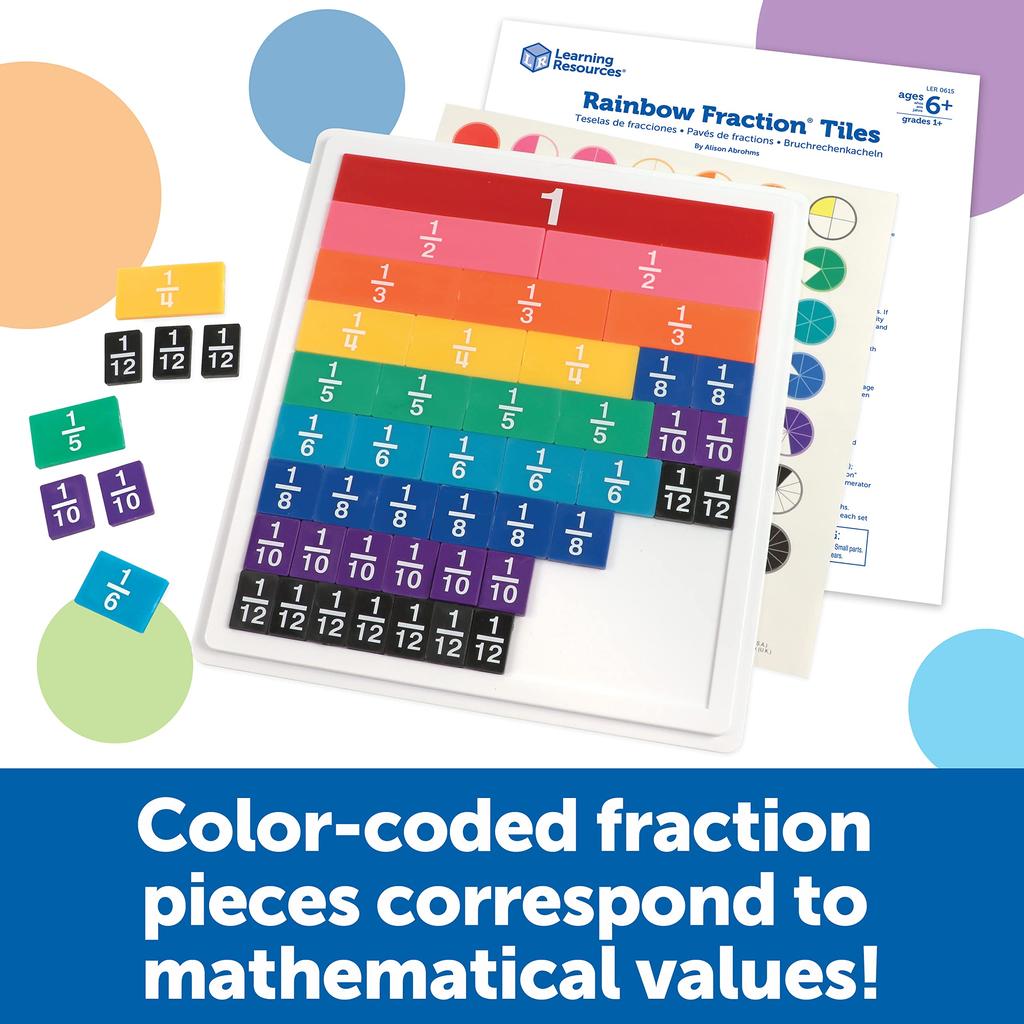 Learning Resources Math Learning Rainbow with Authentic Materials, Fractions, Tile-Shaped, Case, LER0615,