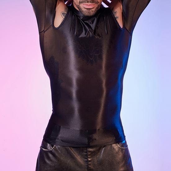 Sexy Men Glossy Shiny T-Shirt Smooth Breathable Top High Elastic Transparent See-Through Nightclub Skinny Tops