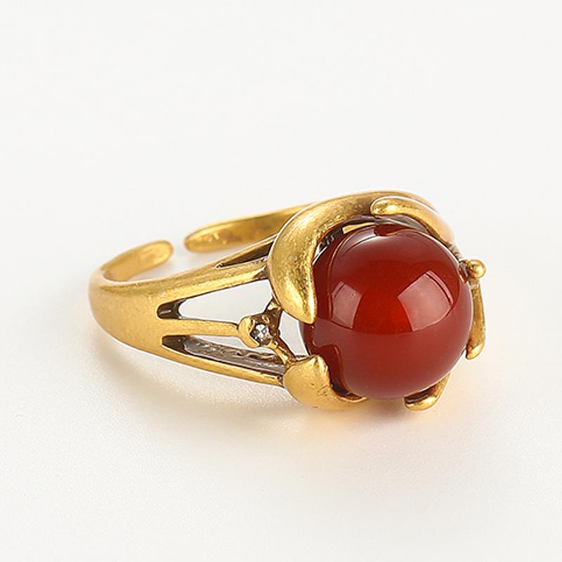 Vintage Rings Red Natural Stones for Woman Round Shape Luxury Antique Copper Hand Finger Jewelry Girls Fashion Items 2024 New In