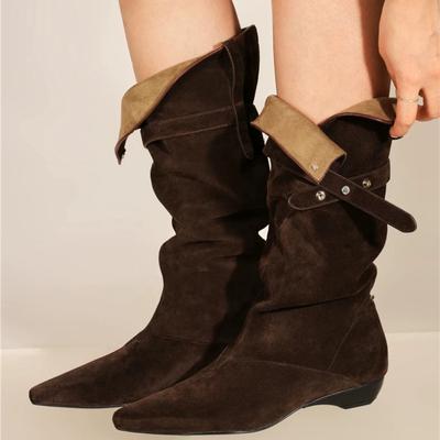 Korean Version of Pointed Thick Heel Western Cowboy Boots Women's 2025 Autumn and Winter New Fashion Versatile Wide Tube Stacking Boots Medium Tube B