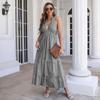 Summer Women's Lattice Hanging Neck Dress Bohemian Holiday Range Waist Ruffle Large Swing Long Dress