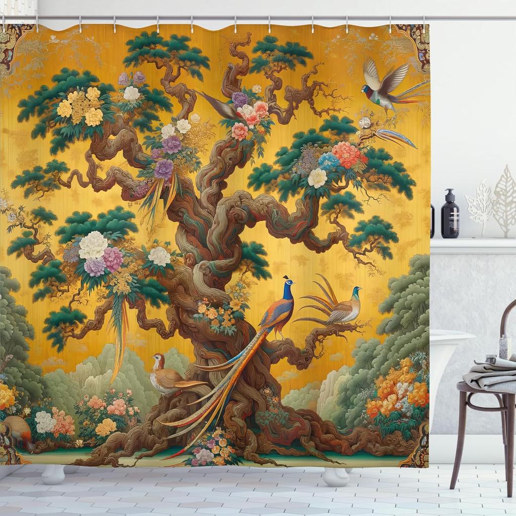 Floral Plant Theme Vintage Shower Curtain Vine Green Leafy Peacock Fabric Bathroom Decorative Shower Curtain with Hook