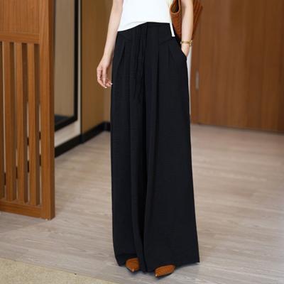 Calças Femininas de Primavera Finas Casuais de Moda Plissadas de Cintura Alta com Caimento Soltas Estilo Preguiçoso de Perna Larga