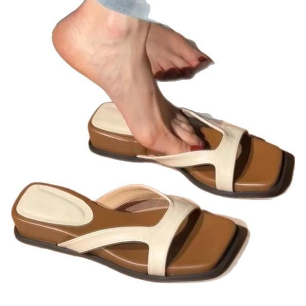 Soft leather version~ Korean version of simple outer wear thick-soled one-word slippers women's retro casual soft-soled open-toed simple cool slippers