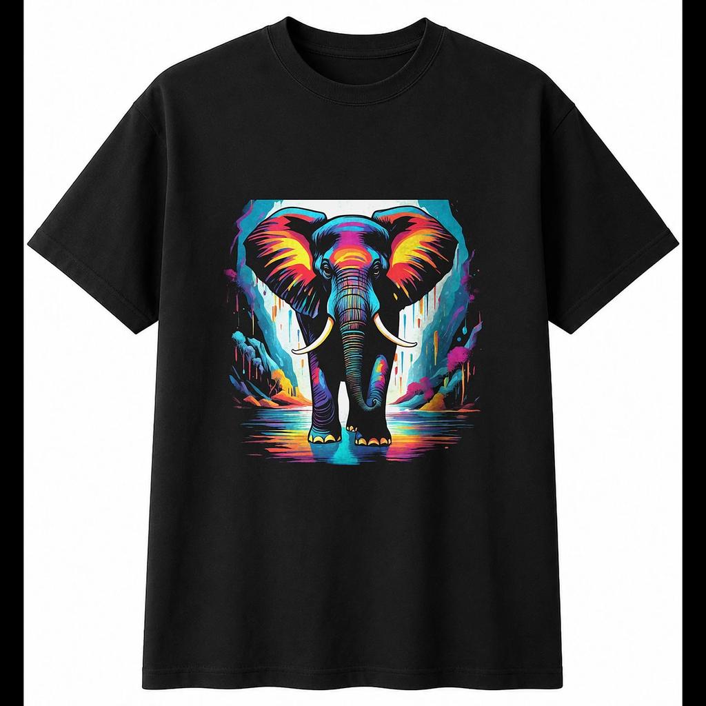 Colourful Elephant Frozen Wildlife Mens T-Shirt Black 100% Cotton Nature Printed