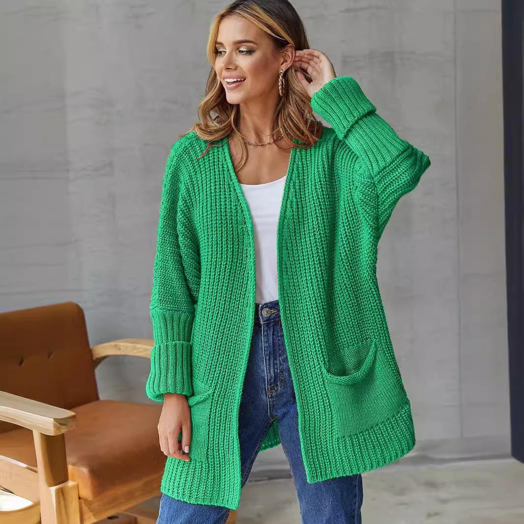 

Женский повседневный вязаный кардиган большого размера с длинным рукавом и V-образным вырезом, свободный дышащий свитер средней длины с карманом, однотонное простое модное мягкое трикотажное пальто one size зелёный