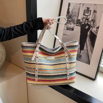 Trendige lässige Unterarm-Webtasche mit großem Fassungsvermögen Damen Strandurlaub Strohtasche gestreifte Umhängetasche