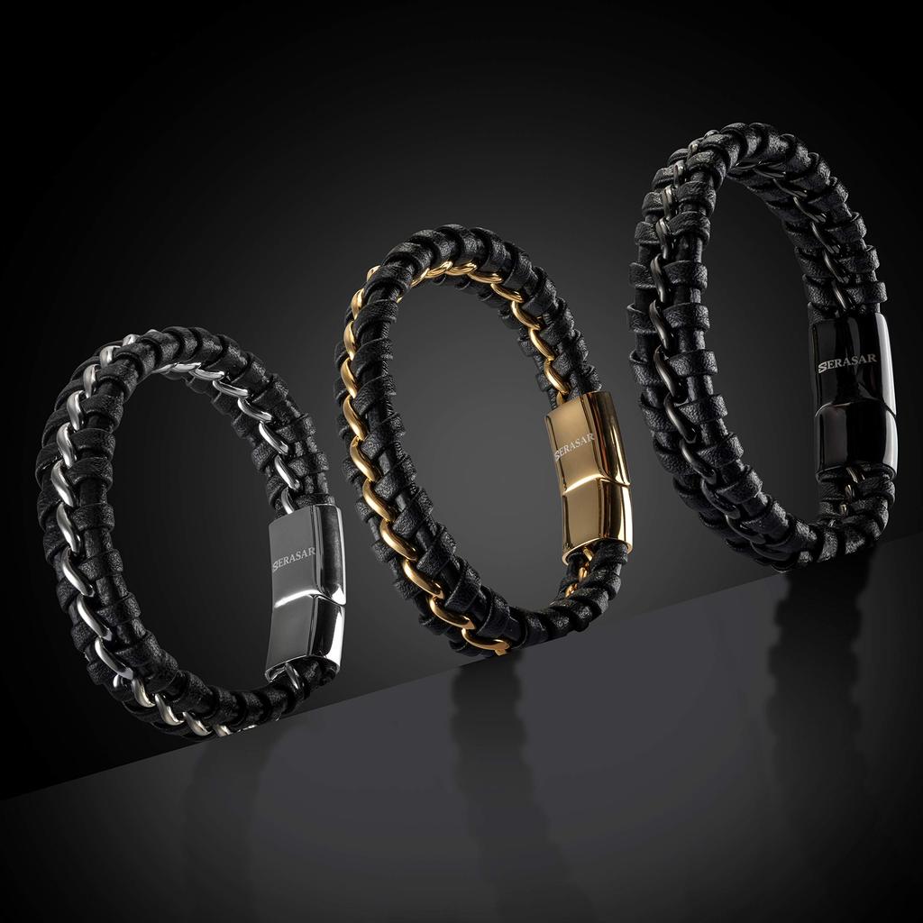 Leather Bracelet Black 17cm Men Gift Box Genuine Braided Cowhide Adjustable Magnetic Clasp Jewelry Rope for Men Boys Band Magnetic Accessories