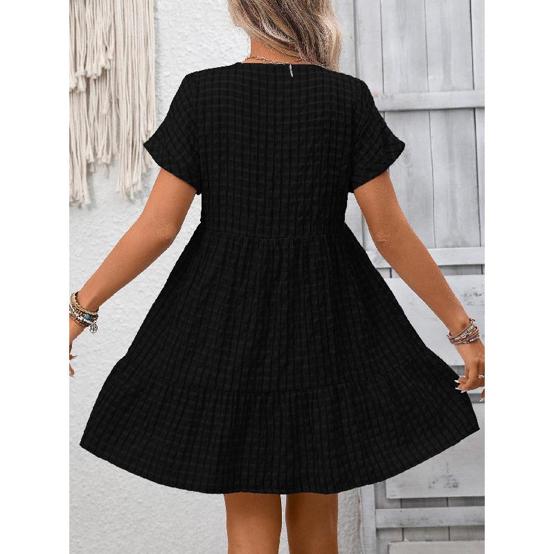 2026 Summer New Women's V-neck Loose Casual Short-sleeve Plaid Dress