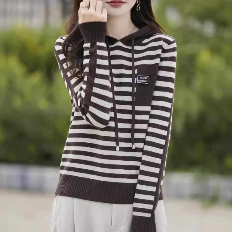 Striped Hooded Pullover Bottom Knitted Sweater Women's Jacket Sweater Loose Casual Fashion Reducing Top Hoodie Sweater