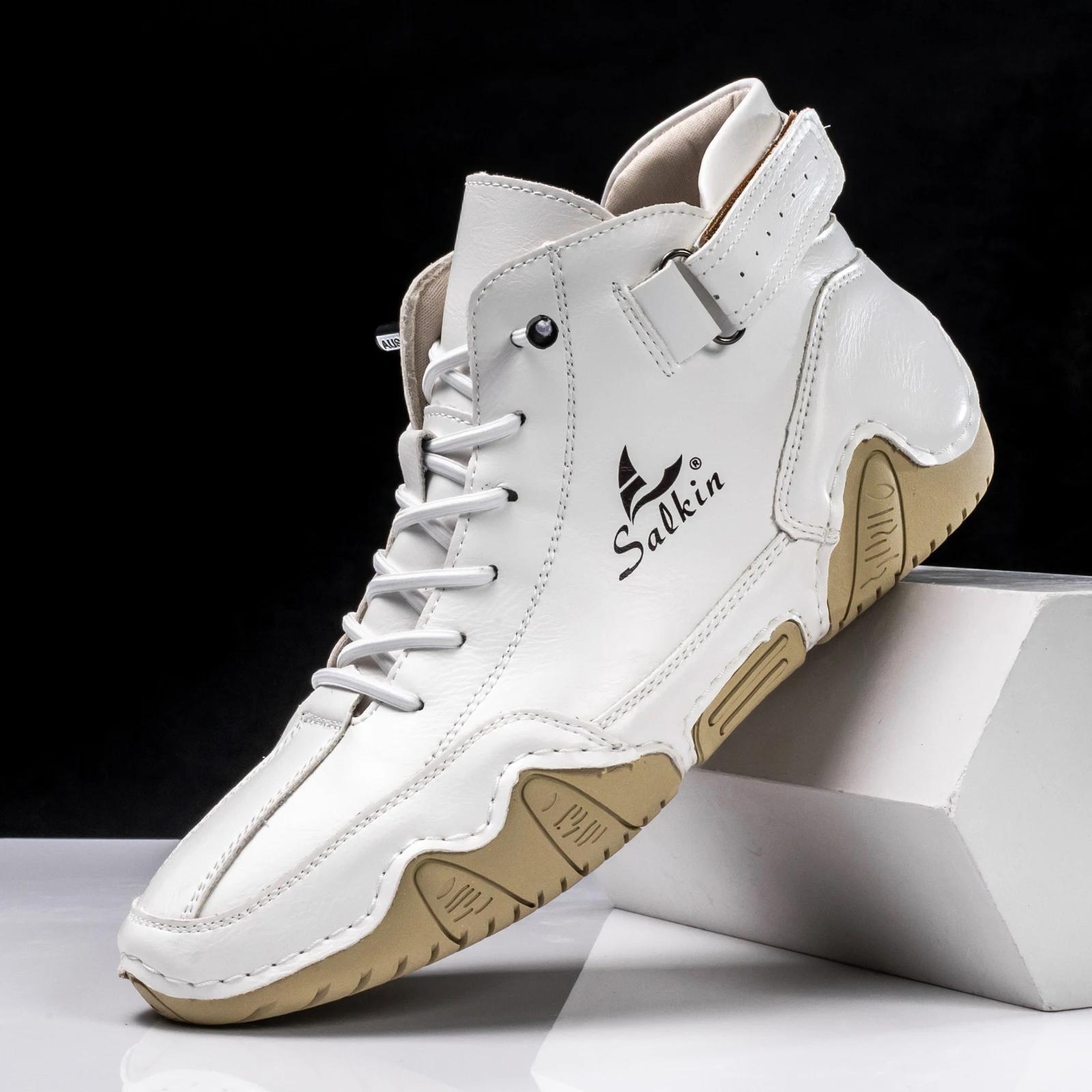 

Новые 2025 Мужские ботинки ручной работы Дизайн Кроссовки Мужские Уличные Повседневные Кожаные Мужские Ботинки до щиколотки Осень Дышащие Горячая Распродажа 39 белый