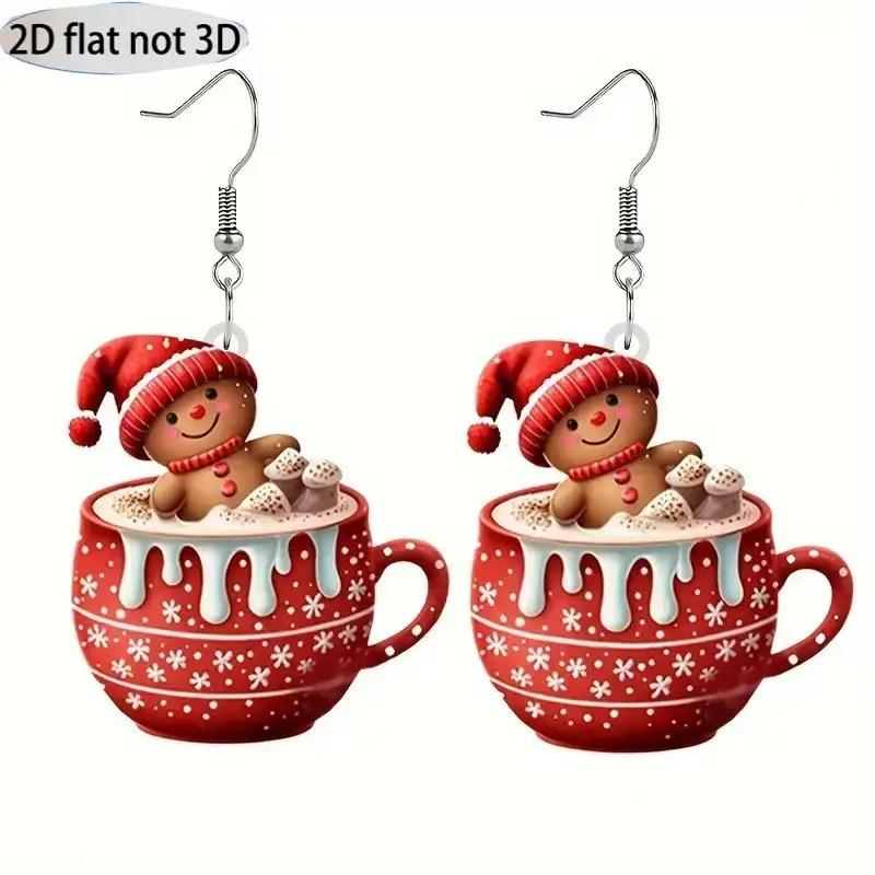 Cross-border new Christmas coffee cup gingerbread man earrings flat acrylic creative retro gingerbread man earrings