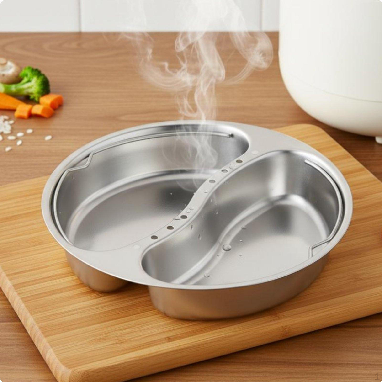 MultiCompartment Food Steamer Easy to Clean Stainless Steel Divided Steaming Plate Two Grids