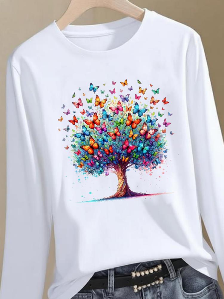 (Asian Size) butterfly style cute Graphic Tee o-neck Print T Shirt Casual Clothing Women autumn winter spring Fashion Top Long Sleeve T-shirts