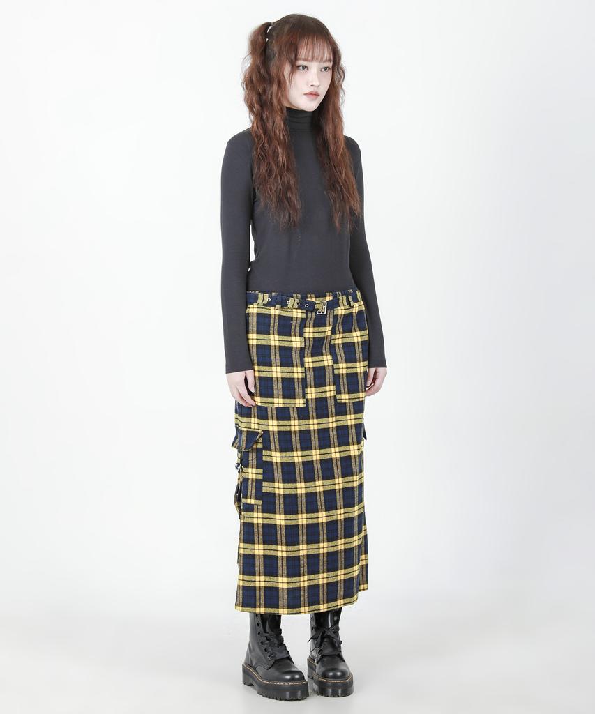 Catharsis Check Belted Elastic Long Skirt Yellow One Size