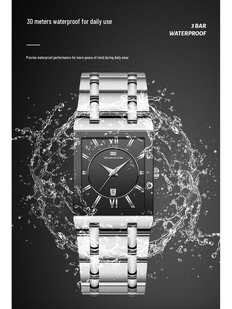 Men's Black Gold Quartz Waterproof Wristwatch with Steel Band