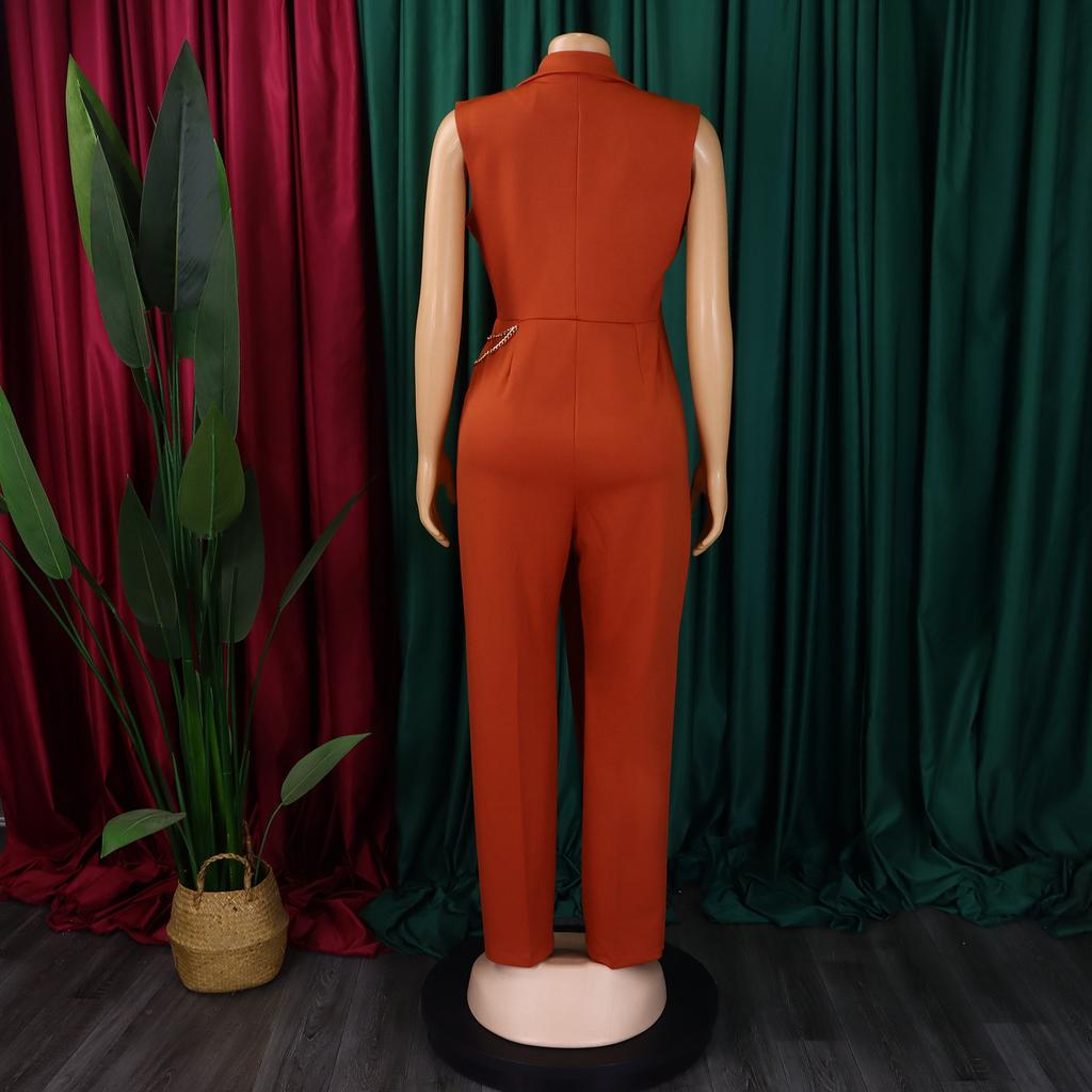 Women's Elegant and Elegant Suit Collar Waist Chain Loose Wide Leg Jumpsuit