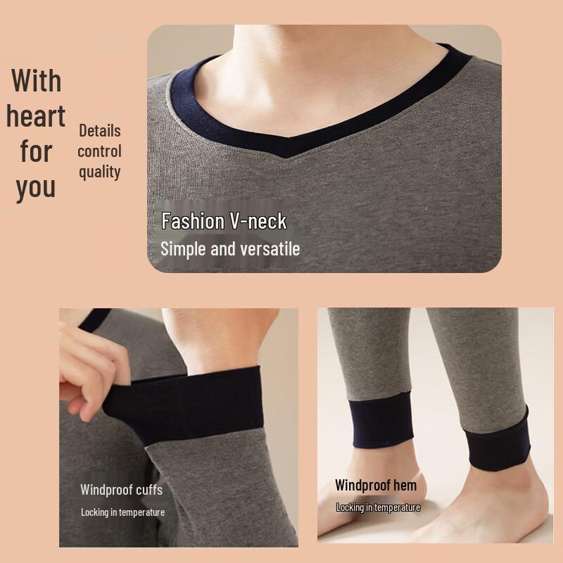 Langsha Men's 7A Antibacterial Pure Cotton V-Neck Thin Thermal Set