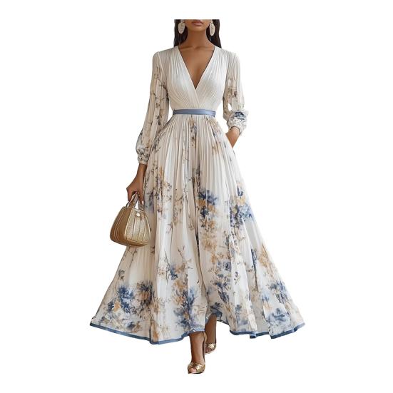 Women's Floral Print Pleated Maxi Dress V Neck Long Sleeve Wedding Guest Dress Spring Flowy Party Cocktail Dress
