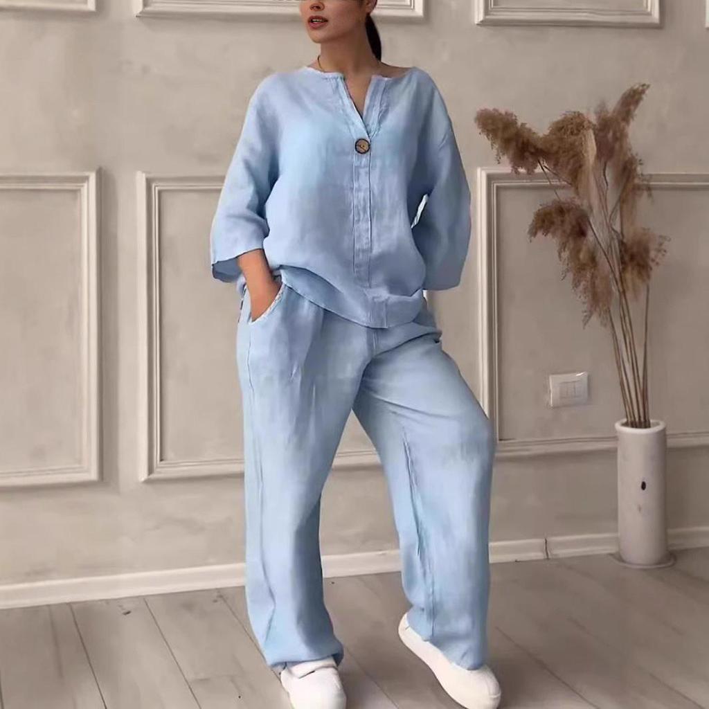 2025 Summer Fashion V-Neck Long-Sleeve Multi-Color Cotton Linen Women's Set