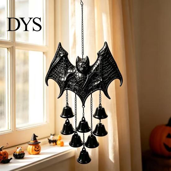 Dark Aesthetic Balcony Decorations Gothic Bat Metal Wind Chime, Halloween Hanging Ornament with Multiple Bells, 3D Three Dimensional Relief