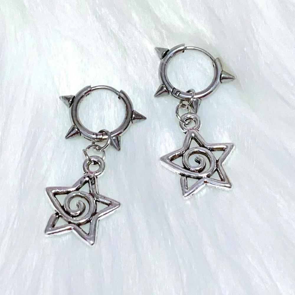 Punk Sliver Color Stainless Steel Hollowed-out Five-pointed Star Rivets Spike Ball Pendant Hoop Earrings for Women Men Jewelry